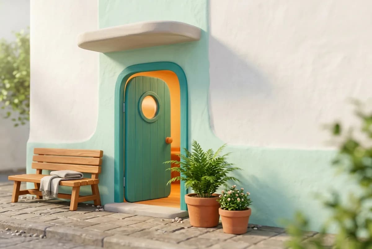 Приветлива малка входна врата с кръгъл прозорец, пейка и саксии в утринна светлина
